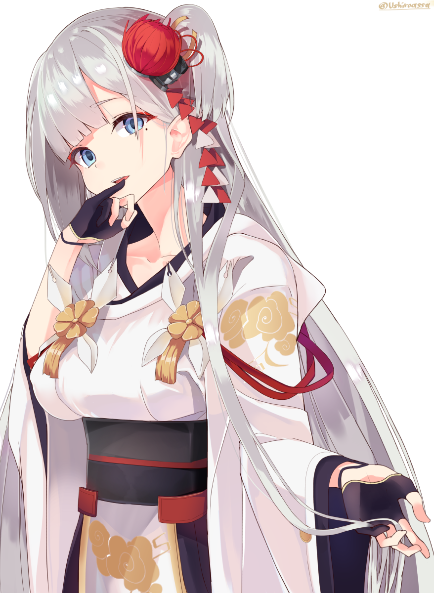 1girl, azur_lane, blue_eyes, eyebrows_visible_through_hair, eyeshadow, flower, gloves, hair_flower, hair_ornament, highres, japanese_clothes, kimono, long_hair, long_sleeves, looking_at_viewer, makeup, mole, mole_under_eye, one_side_up, open_mouth, partly_fingerless_gloves, pinky_to_mouth, shirousa, shoukaku_(azur_lane), silver_hair, solo, twitter_username, wide_sleeves