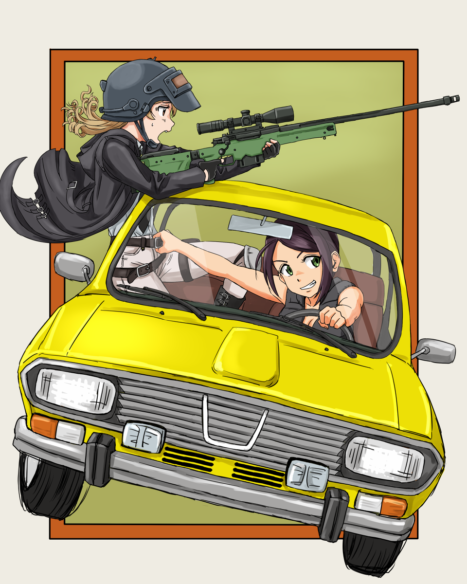 2girls, armor, bangs, bare_arms, bare_shoulders, black_footwear, black_gloves, black_neckwear