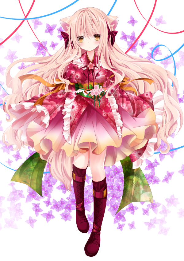 1girl, animal_ears, bangs, blonde_hair, boots, bow, cat_ears, closed_mouth, cross-laced_footwear, eyebrows_visible_through_hair, floral_background, floral_print, frilled_kimono, frilled_sleeves, frills, full_body, hair_between_eyes, hair_bow, head_tilt, japanese_clothes, kimono, knee_boots, lace-up_boots, long_hair, long_sleeves, looking_at_viewer, nanase_kureha, nanase_nao, obi, orange_ribbon, original, print_kimono, purple_bow, purple_flower, purple_footwear, purple_ribbon, red_kimono, ribbon, sash, solo, standing, standing_on_one_leg, very_long_hair, white_background, wide_sleeves, yellow_eyes
