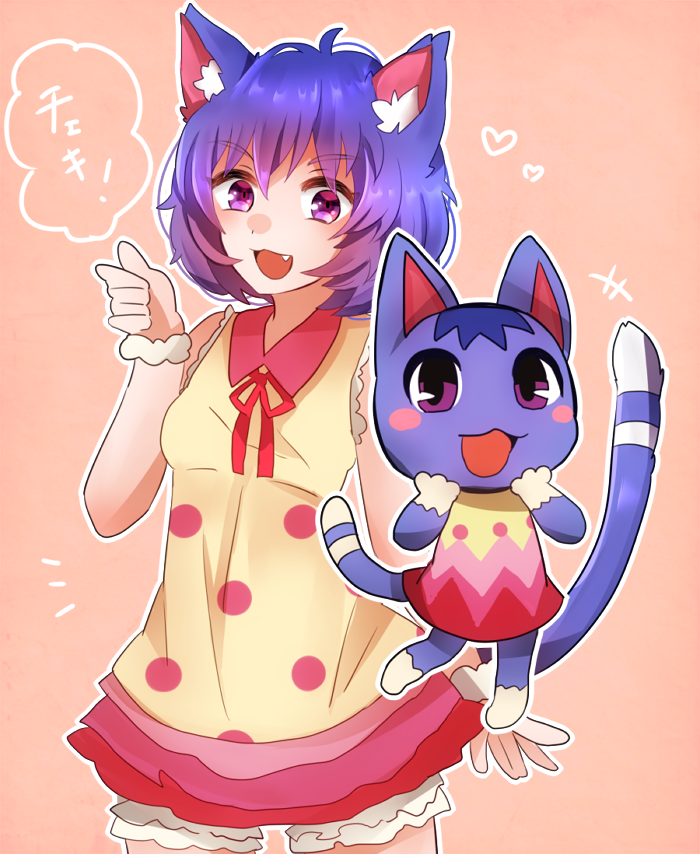 !, 1girl, animal_crossing, animal_ears, blue_hair, bow, cat_ears, cat_tail