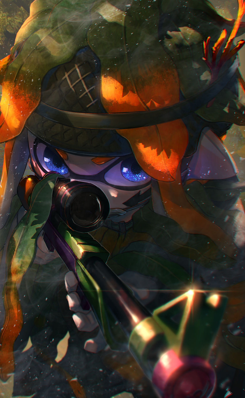 1girl, aiming, blue_eyes, blurry, camouflage, depth_of_field, domino_mask, facial_mark