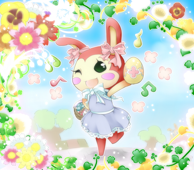 1girl, animal_ears, basket, bow, bowtie, doubutsu_no_mori, dress, egg