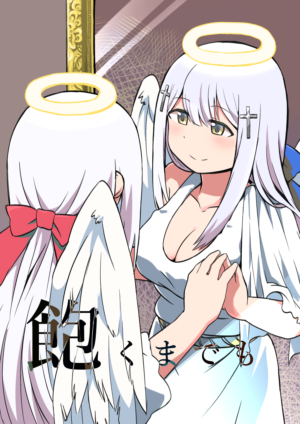 1girl, angel, angel_wings, bangs, blue_bow, blunt_bangs, bow, breasts