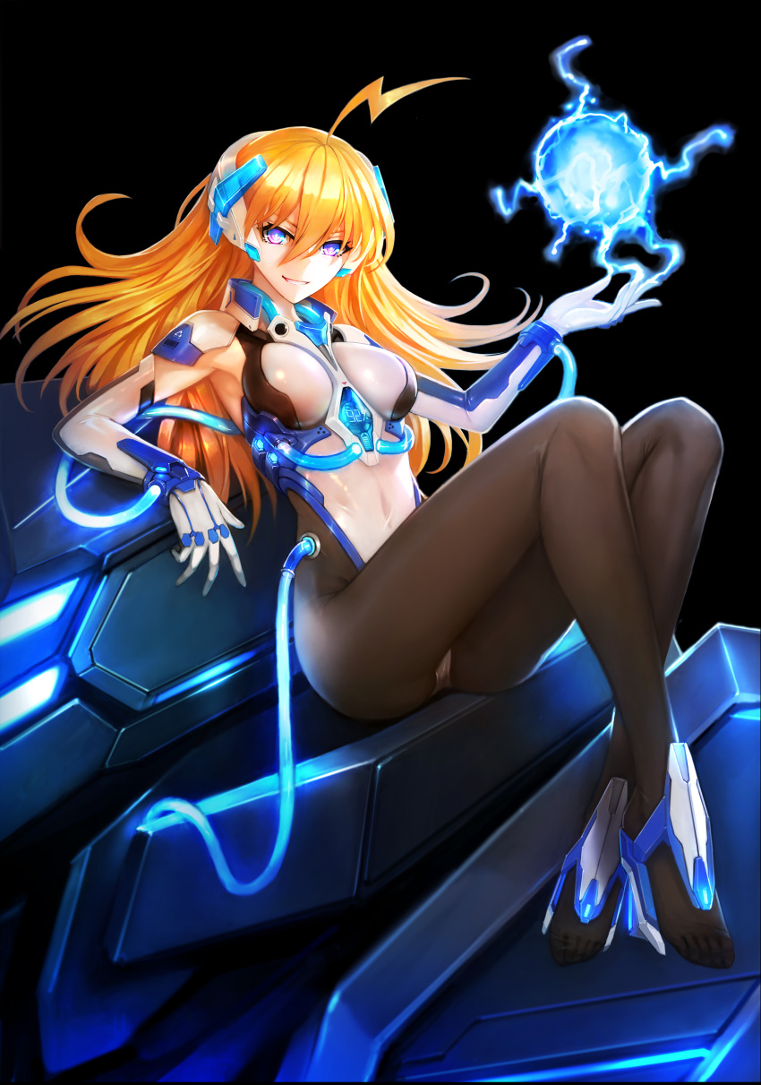 1girl, :d, absurdres, ahoge, arm_guards, armpits, bangs, between_breasts, black_background, black_legwear, blonde_hair, breasts, covered_navel, elbow_gloves, electricity, feet, gloves, glowing, grin, hair_between_eyes, harness, headgear, highleg, highleg_leotard, highres, knees_up, legs, legs_together, leotard, long_hair, looking_at_viewer, medium_breasts, moeoh_ex, no_shoes, open_mouth, pantyhose, shoulder_pads, simple_background, sitting, skin_tight, smile, solo, teeth, toes, very_long_hair, violet_eyes, white_gloves, white_leotard, zhuore_zhi_hen