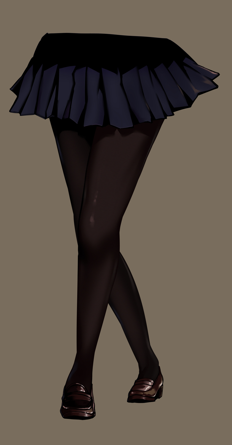 1girl, black_footwear, black_legwear, black_skirt, brown_background, choudan, cropped_torso, highres