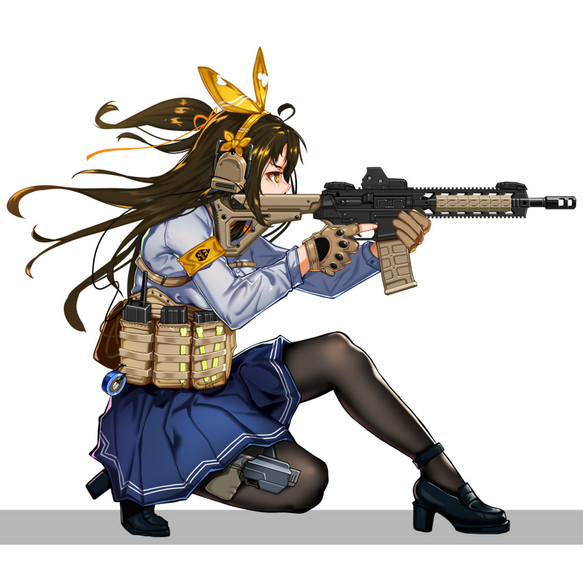 1girl, ahoge, aiming, armband, assault_rifle, black_footwear, black_hair, black_legwear, blue_skirt, breasts, brown_gloves, choudan, closed_mouth, from_side, full_body, girls_frontline, gloves, gun, hair_ribbon, highres, holding, holding_gun, holding_weapon, holster, loafers, long_hair, long_sleeves, m16, m16a1_(girls_frontline), medium_breasts, one_knee, one_side_up, pantyhose, partly_fingerless_gloves, pleated_skirt, profile, ribbon, rifle, shirt, shoes, simple_background, skirt, solo, tape, thigh_holster, trigger_discipline, tsurime, walkie-talkie, weapon, white_background, white_shirt, yellow_eyes, yellow_hairband, yellow_ribbon