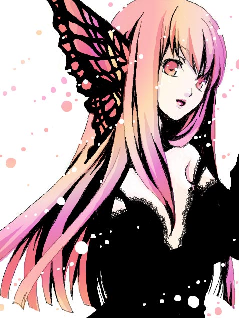 breasts, butterfly, cleavage, head_wings, headwings, hidaka_nami, lace, long_hair, multicolored_hair, nami_(aprico), nami_(pixiv456219), pink_eyes, pink_hair, red_eyes