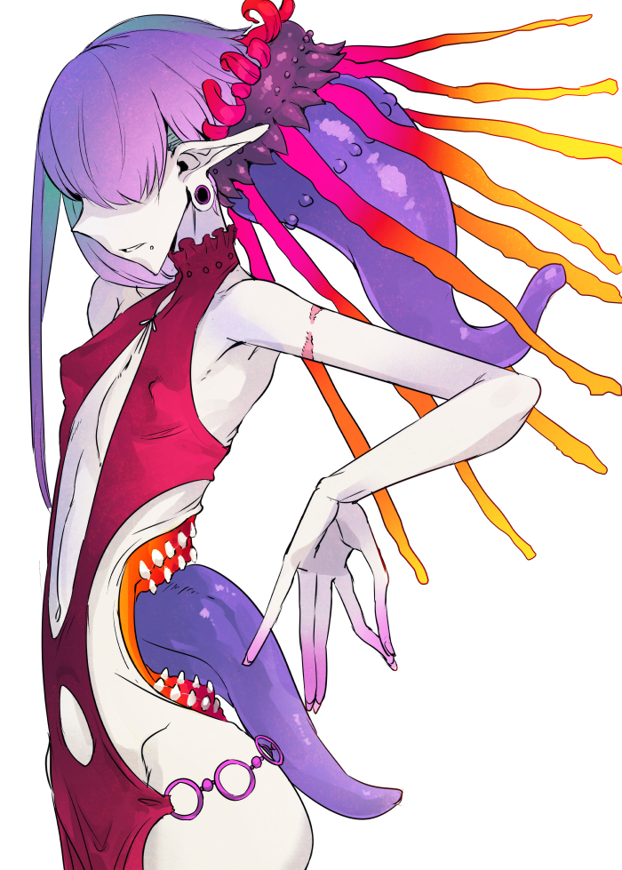 1girl, bare_arms, bare_shoulders, breasts, covered_eyes, cowboy_shot, dress, earrings