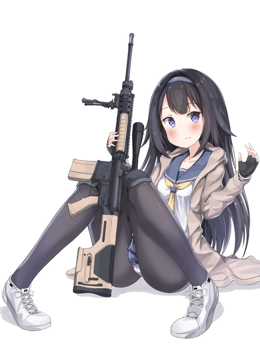 1girl, absurdres, black_gloves, black_legwear, blue_skirt, blush, breasts, closed_mouth