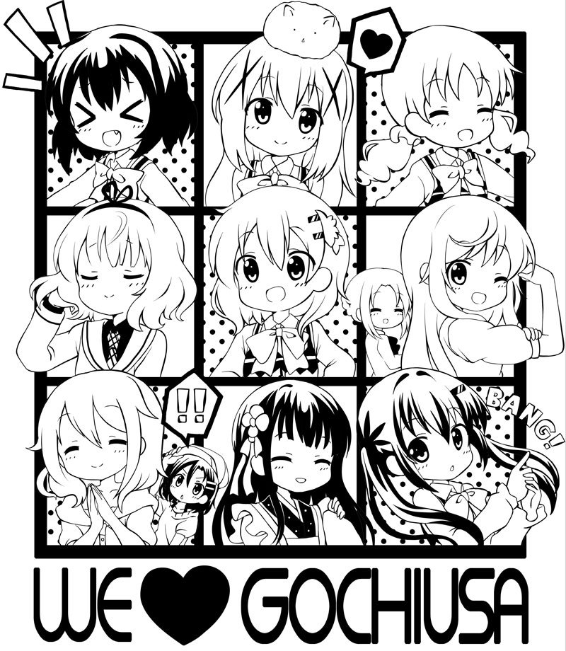 !, !!, >_<, 6+girls, :d, ;d, ama_usa_an_uniform, angora_rabbit, animal, animal_on_head, aoyama_blue_mountain, apron, bangs, blazer, blunt_bangs, bow, bowtie, bras_d'honneur, bunny_on_head, buttons, closed_eyes, closed_mouth, collarbone, collared_shirt, commentary_request, everyone, eyebrows_visible_through_hair, facing_viewer, fang, flower, gochuumon_wa_usagi_desu_ka?, greyscale, hair_flower, hair_ornament, hair_scrunchie, hairband, hairclip, hands_together, hat, head_tilt, heart, hoto_cocoa, hoto_cocoa's_mother, hoto_mocha, jacket, jacket_on_shoulders, japanese_clothes, jouga_maya, kafuu_chino, kimono, kirima_sharo, long_hair, long_sleeves, looking_at_viewer, maid_apron, massala, mate_rin, monochrome, multiple_girls, natsu_megumi, necktie, on_head, one_eye_closed, onomatopoeia, open_mouth, parted_bangs, plaid_neckwear, polka_dot_trim, rabbit, rabbit_house_uniform, ribbon, scrunchie, shirt, short_hair, short_sleeves, sidelocks, smile, speech_bubble, spoken_exclamation_mark, spoken_heart, tedeza_rize, tedeza_rize's_school_uniform, tippy_(gochiusa), twintails, ujimatsu_chiya, vest, wavy_hair, wide_sleeves, wing_collar, x_hair_ornament, xd
