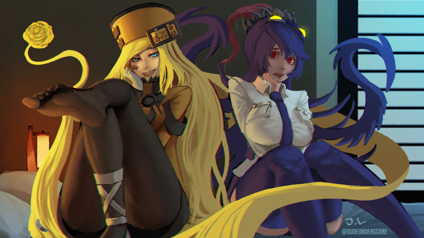 2girls, absurdres, aqua_eyes, black_legwear, breasts, crossover, dude_underscore, feet