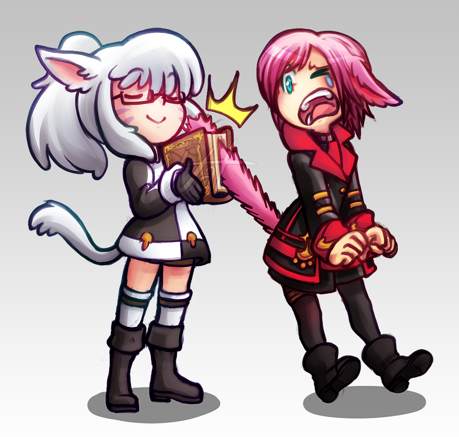 2girls, animal_ears, aqua_eyes, book, boots, cat_ears, cat_tail, chibi