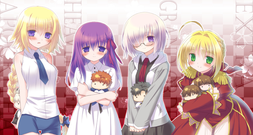 4girls, ahoge, bangs, bare_shoulders, black-framed_eyewear, black_skirt, blonde_hair, blue_neckwear, blue_ribbon, blue_shorts, blurry, blush, braid, breasts, character_doll, commentary, depth_of_field, doll, dress, emiya_shirou, epaulettes, eyebrows_visible_through_hair, fate/apocrypha, fate/extra, fate/grand_order, fate/stay_night, fate_(series), french_braid, fujimaru_ritsuka_(male), glasses, green_eyes, grey_jacket, hair_between_eyes, hair_ornament, hair_over_one_eye, hair_ribbon, holding, holding_doll, hug, jacket, jeanne_d'arc_(fate), jeanne_d'arc_(fate)_(all), juliet_sleeves, kishinami_hakuno_(female), kishinami_hakuno_(male), lace-trimmed_sleeves, large_breasts, long_braid, long_hair, long_sleeves, looking_at_viewer, mash_kyrielight, matou_sakura, medium_breasts, miniskirt, multiple_girls, necktie, object_hug, open_clothes, open_jacket, puffy_sleeves, purple_hair, red_dress, red_neckwear, red_ribbon, ribbon, saber_extra, shirt, short_hair, short_hair_with_long_locks, short_shorts, shorts, sieg_(fate/apocrypha), single_braid, skirt, sleeveless, sleeveless_shirt, smile, standing, tadano_tanuki, thighs, very_long_hair, violet_eyes, white_dress, white_shirt