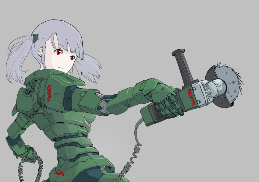 1girl, android, cable, highres, holding, power_tool, red_eyes, silver_hair