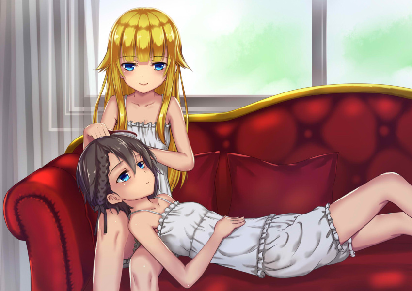 2girls, ange_(princess_principal), asymmetrical_bangs, aya223, bangs, blonde_hair, blue_eyes, blush