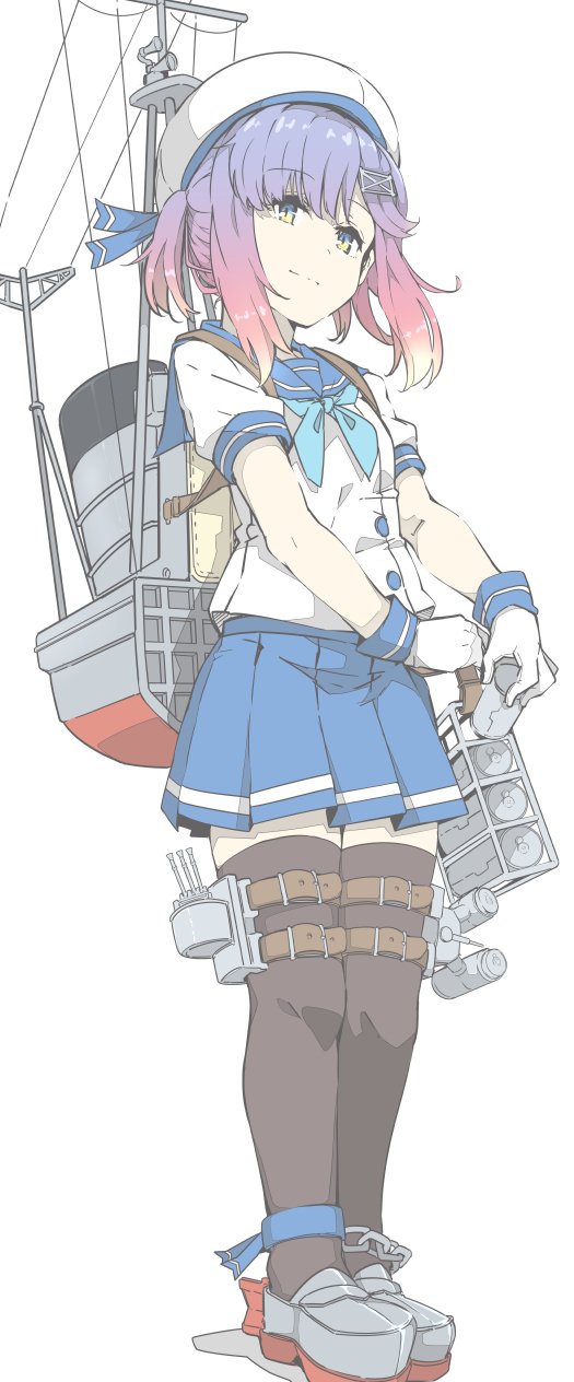 1girl, black_legwear, blue_sailor_collar, blue_skirt, full_body, gloves, gradient_hair, hat