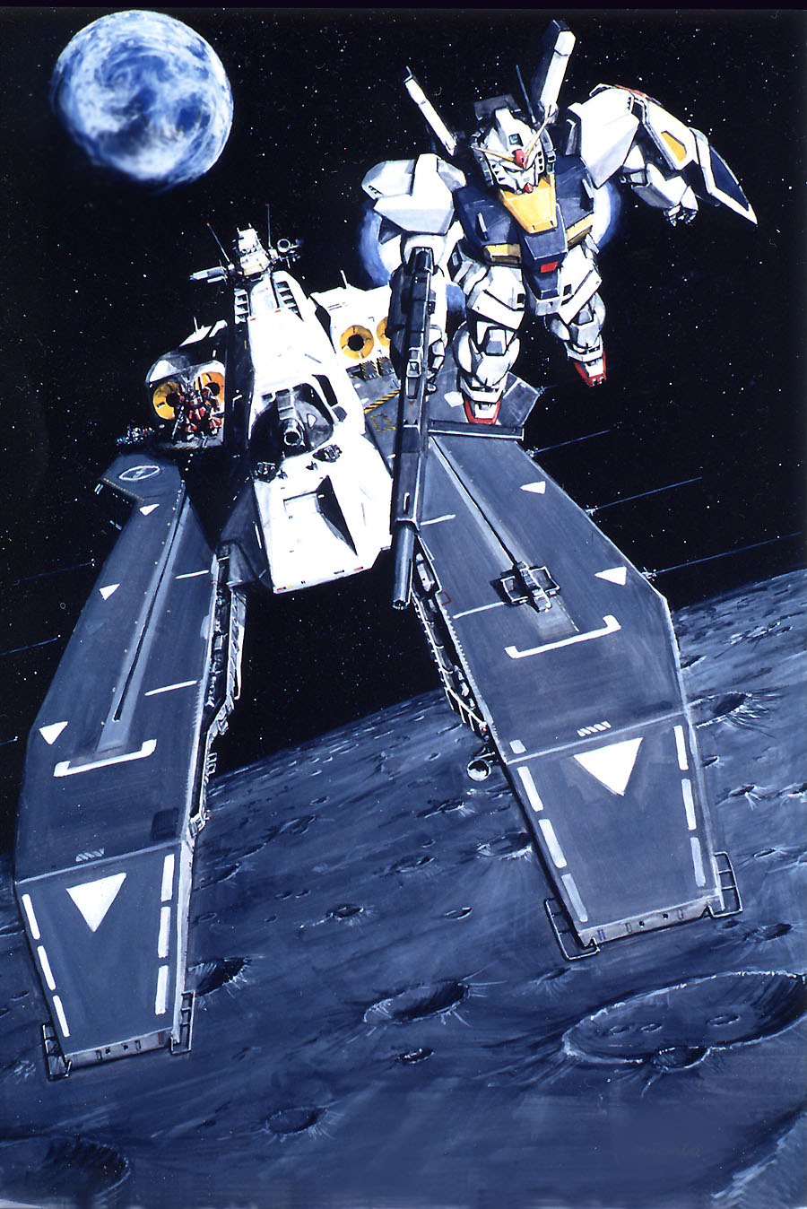 argama, beam_rifle, energy_gun, gun, gundam, gundam_mk_ii, highres, holding, holding_gun, holding_shield, holding_weapon, mecha, moon, rifle, shield, space, space_craft, taganer, weapon, zeta_gundam