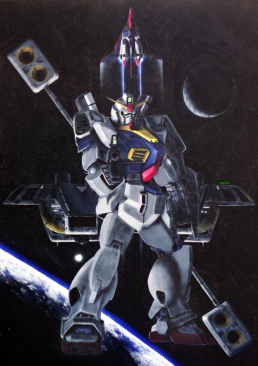 argama, beam_rifle, energy_gun, gun, gundam, gundam_mk_ii, highres, holding, holding_gun, holding_shield, holding_weapon, mecha, oldschool, rifle, shield, space, space_craft, taganer, weapon, zeta_gundam, zeta_gundam_(mobile_suit)