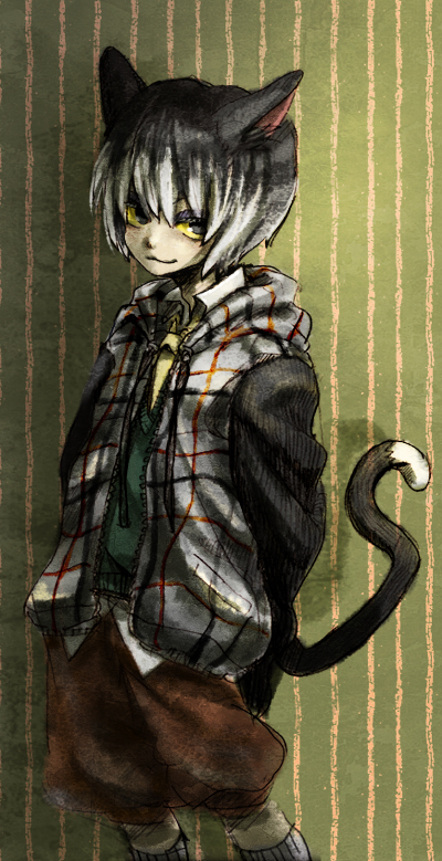 1boy, animal_ears, binta_(doubutsu_no_mori), black_eyes, black_hair, cat_ears, cat_tail, doubutsu_no_mori
