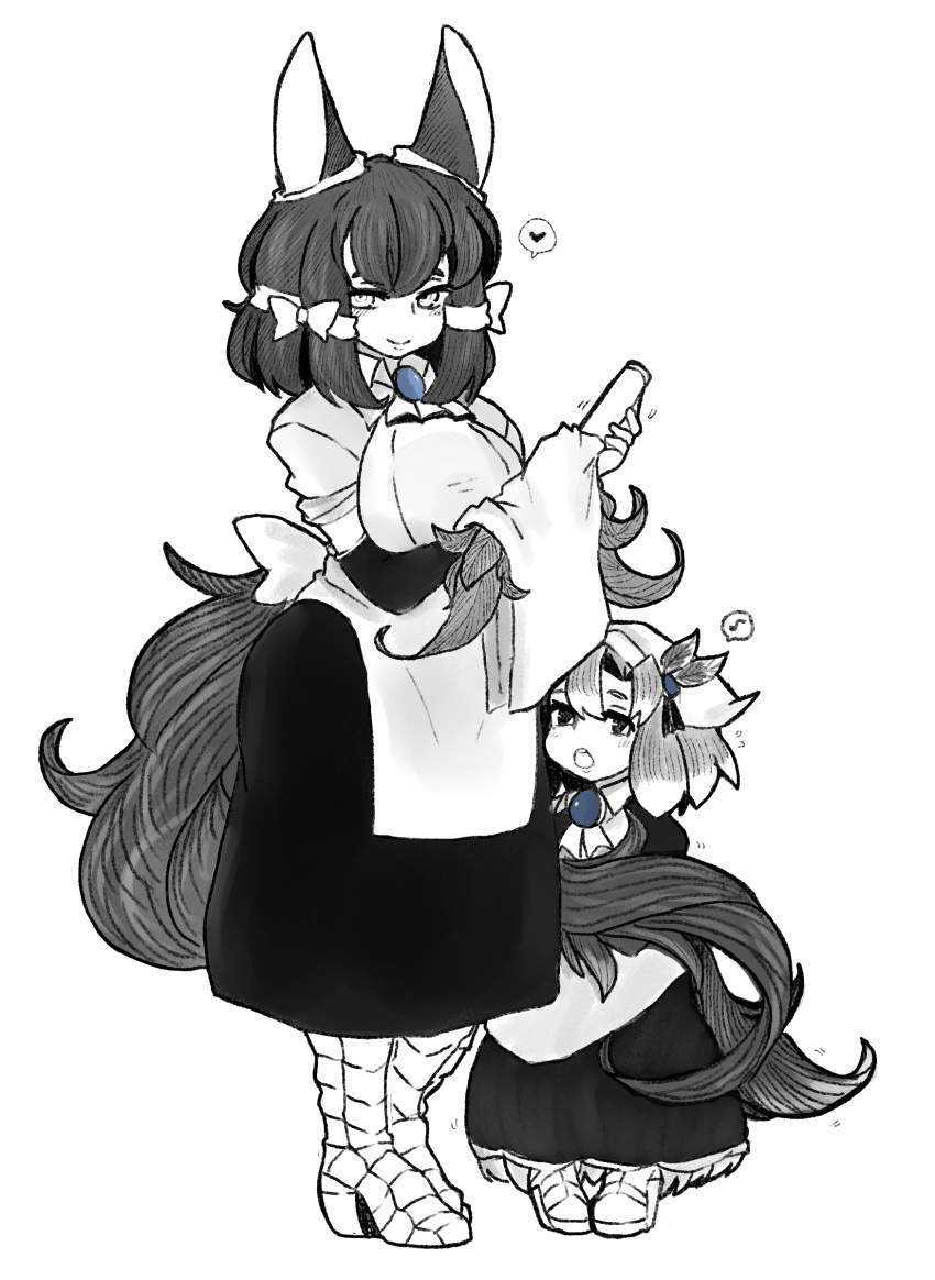 2girls, animal_ears, apron, bangs, black_dress, bow, child, cleaning