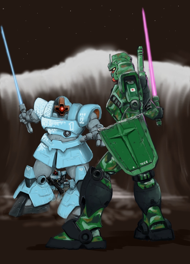 beam_saber, broken_shield, camouflage, gundam, holding, holding_shield, holding_sword, holding_weapon, mecha, rick_dom_ii, rock, rx-78-2, shield, standing, sword, taganer, weapon