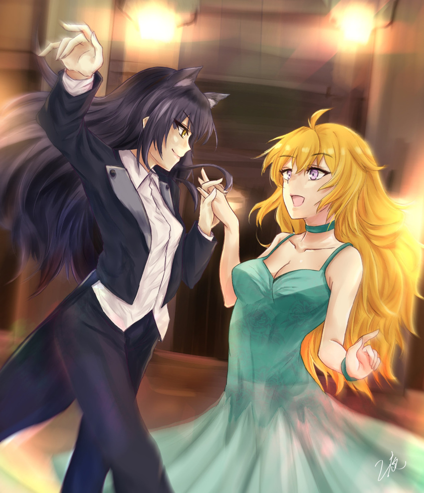 2girls, absurdres, animal_ears, black_hair, blake_belladonna, blonde_hair, blue_dress, cat_ears