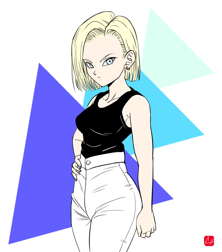 1girl, android_18, blonde_hair, blue_eyes, breasts, chris_re5, collarbone, cowboy_shot