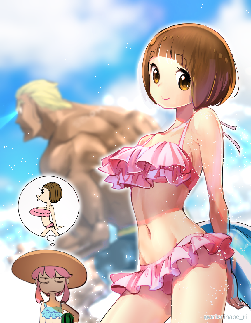 1boy, 2girls, ariorihaberi, bikini, blonde_hair, blurry, blurry_background, brown_eyes