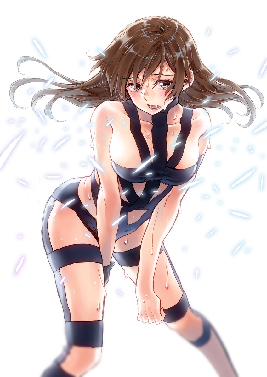 1girl, bangs, between_legs, blurry, blush, breasts, brown_eyes, brown_hair