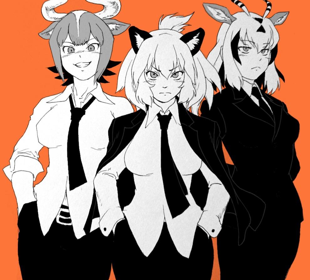 3girls, animal_ears, antlers, arabian_oryx_(kemono_friends), aurochs_(kemono_friends), business_suit, formal, hands_in_pockets