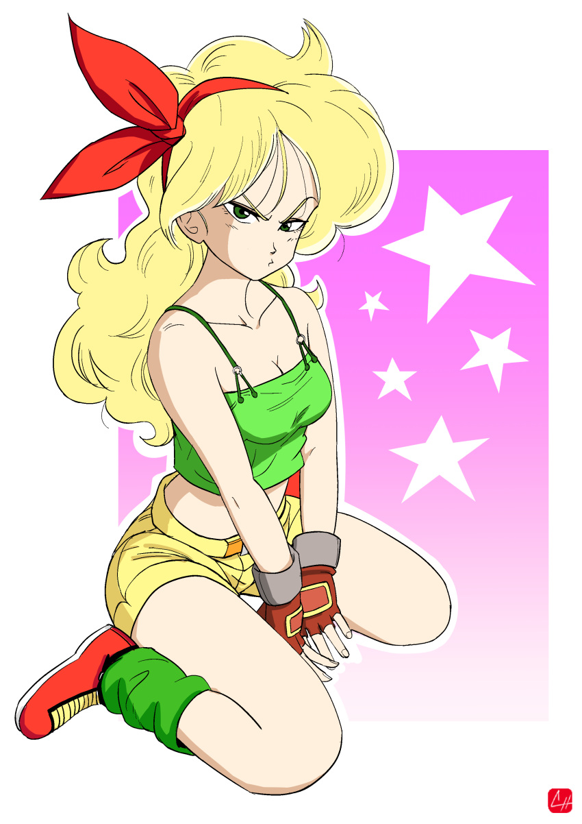 1girl, absurdres, bandanna, blonde_hair, breasts, camisole, chris_re5, cleavage