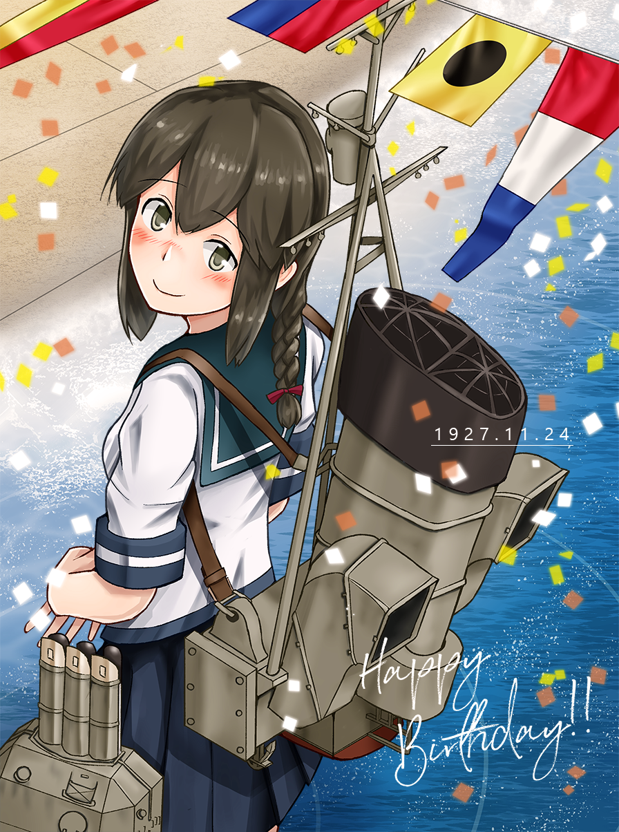 1girl, birthday, blue_skirt, braid, brown_eyes, brown_hair, commentary_request, eyebrows_visible_through_hair