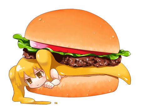 blonde_hair, cheese, cheese_hair, cheeseburger, food, hair_as_food, hamburger, in_food