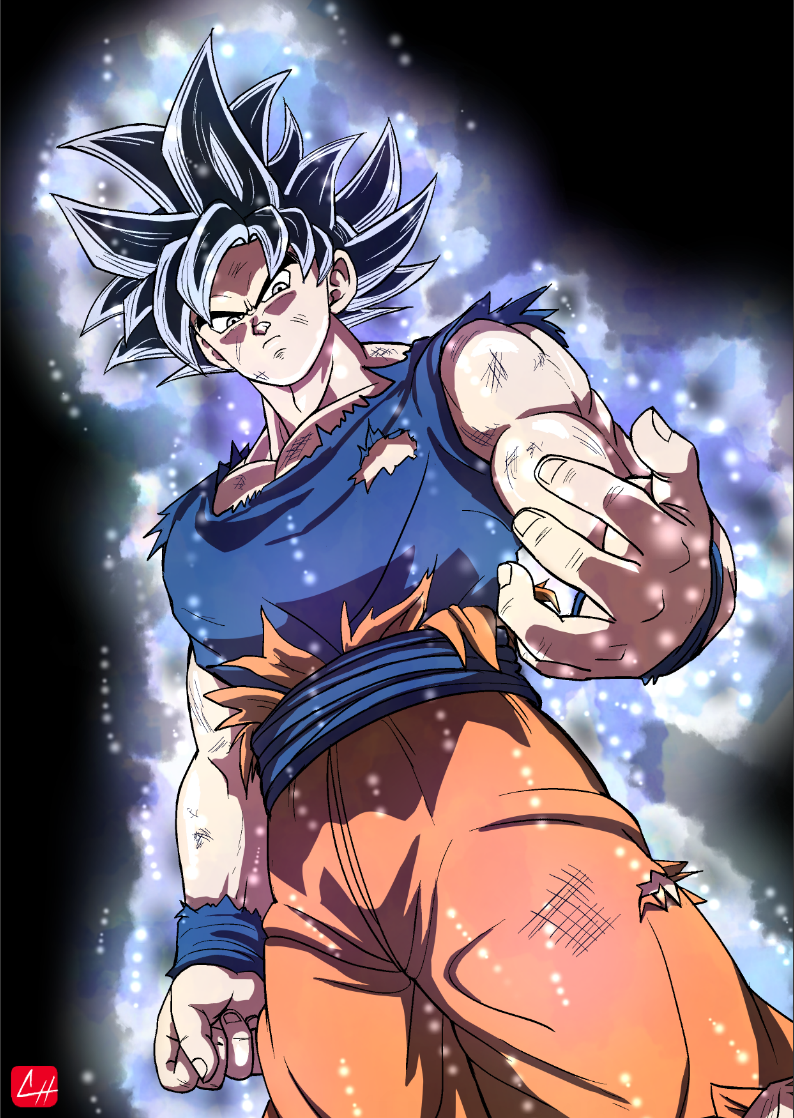 1boy, aura, black_hair, chris_re5, clenched_hand, dirty, dragon_ball, dragon_ball_super