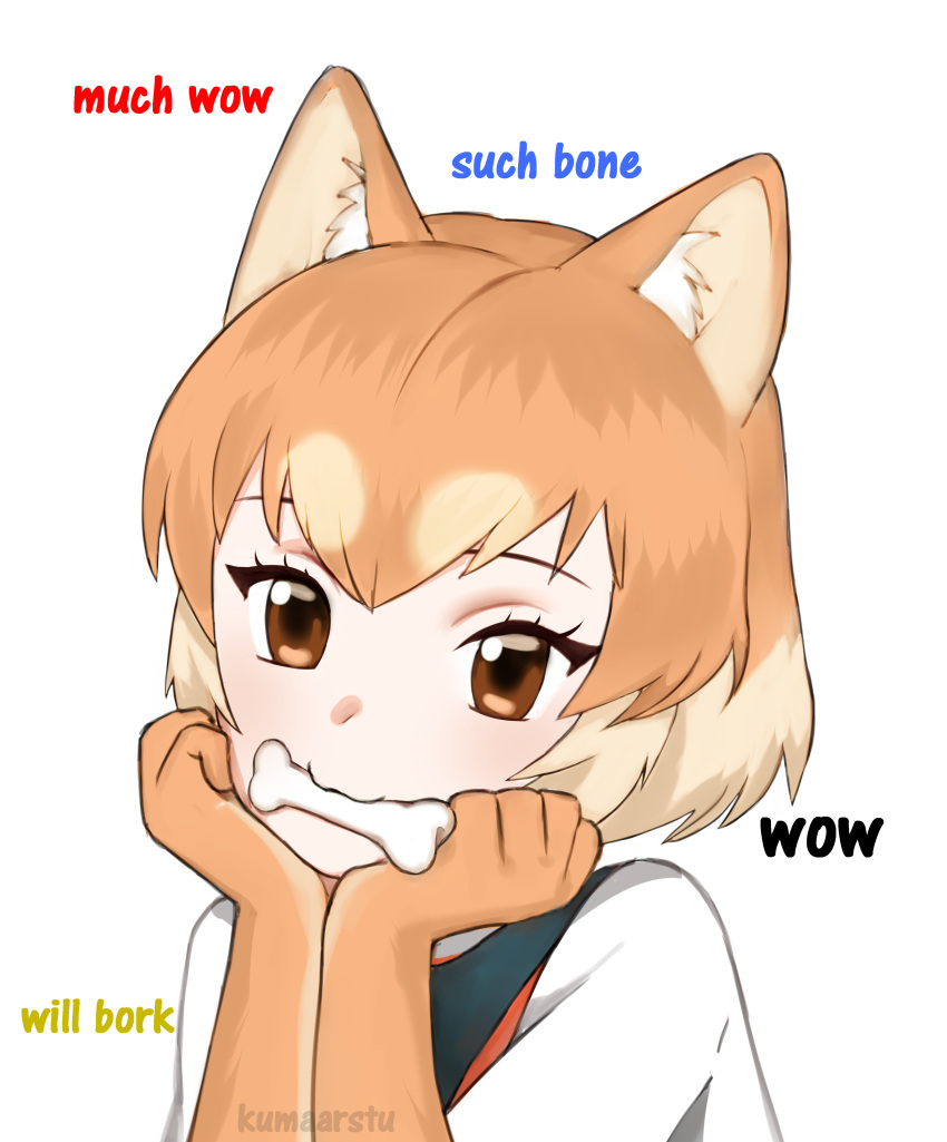 1girl, :3, absurdres, animal_ears, artist_name, bone, brown_eyes, chin_rest
