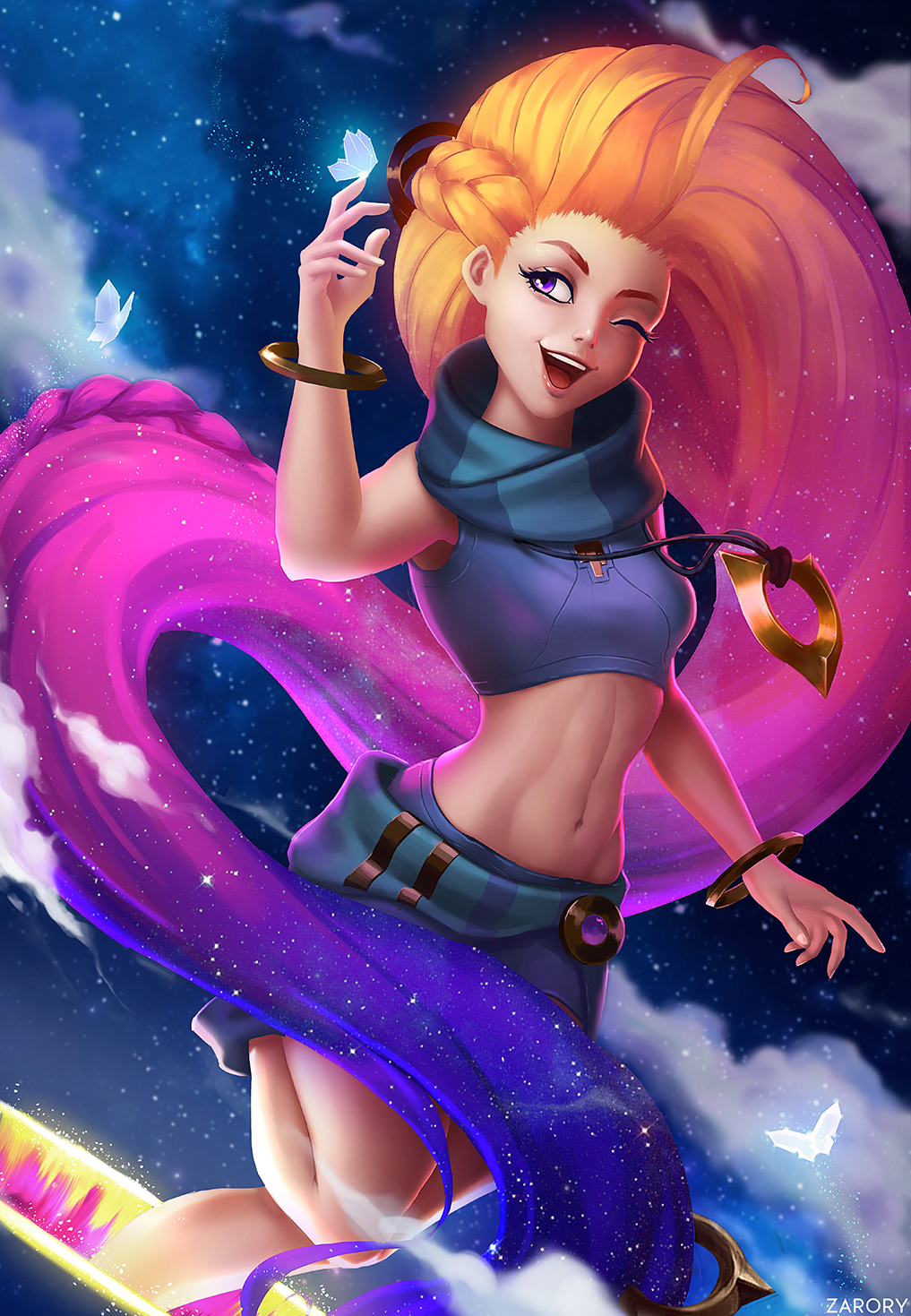 1girl, ;d, bracelet, braid, breasts, clouds, crop_top, highres