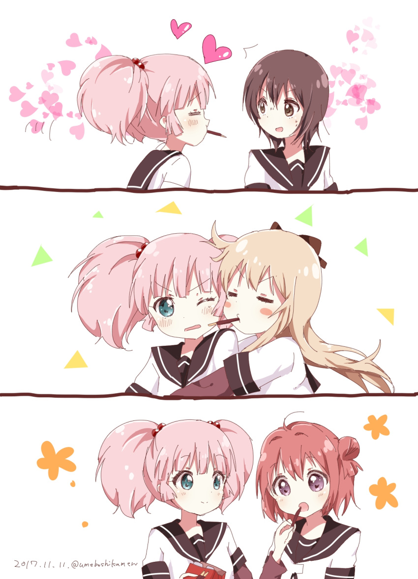 4girls, 4koma, :o, akaza_akari, aqua_eyes, arm_up, artist_name, bangs
