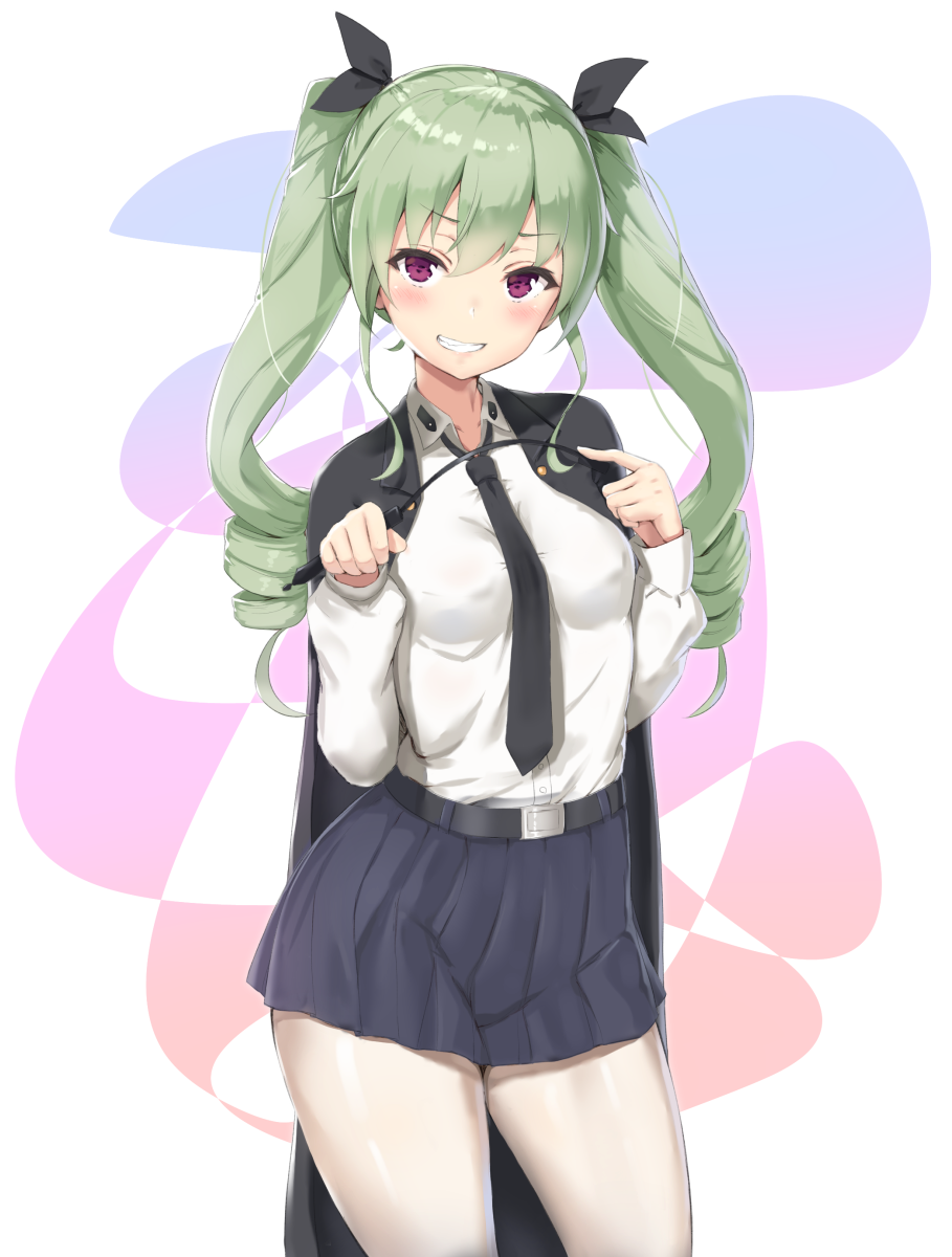 1girl, anchovy, anzio_school_uniform, bangs, belt, black_neckwear, black_ribbon, blush