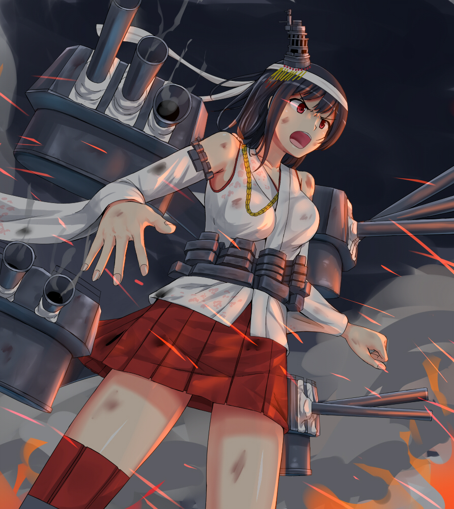1girl, black_hair, detached_sleeves, explosion, fire, kantai_collection, nuppunuppu, red_eyes