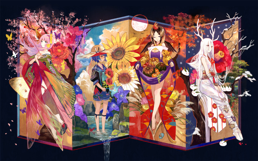 4girls, absurdly_long_hair, albino, antlers, apple, aqua_eyes, aqua_ribbon, autumn
