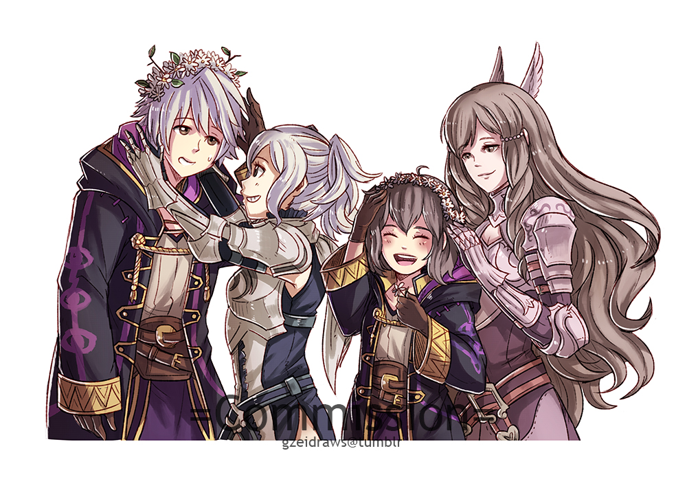 1boy, 3girls, armor, breastplate, brown_hair, closed_eyes, cynthia, family