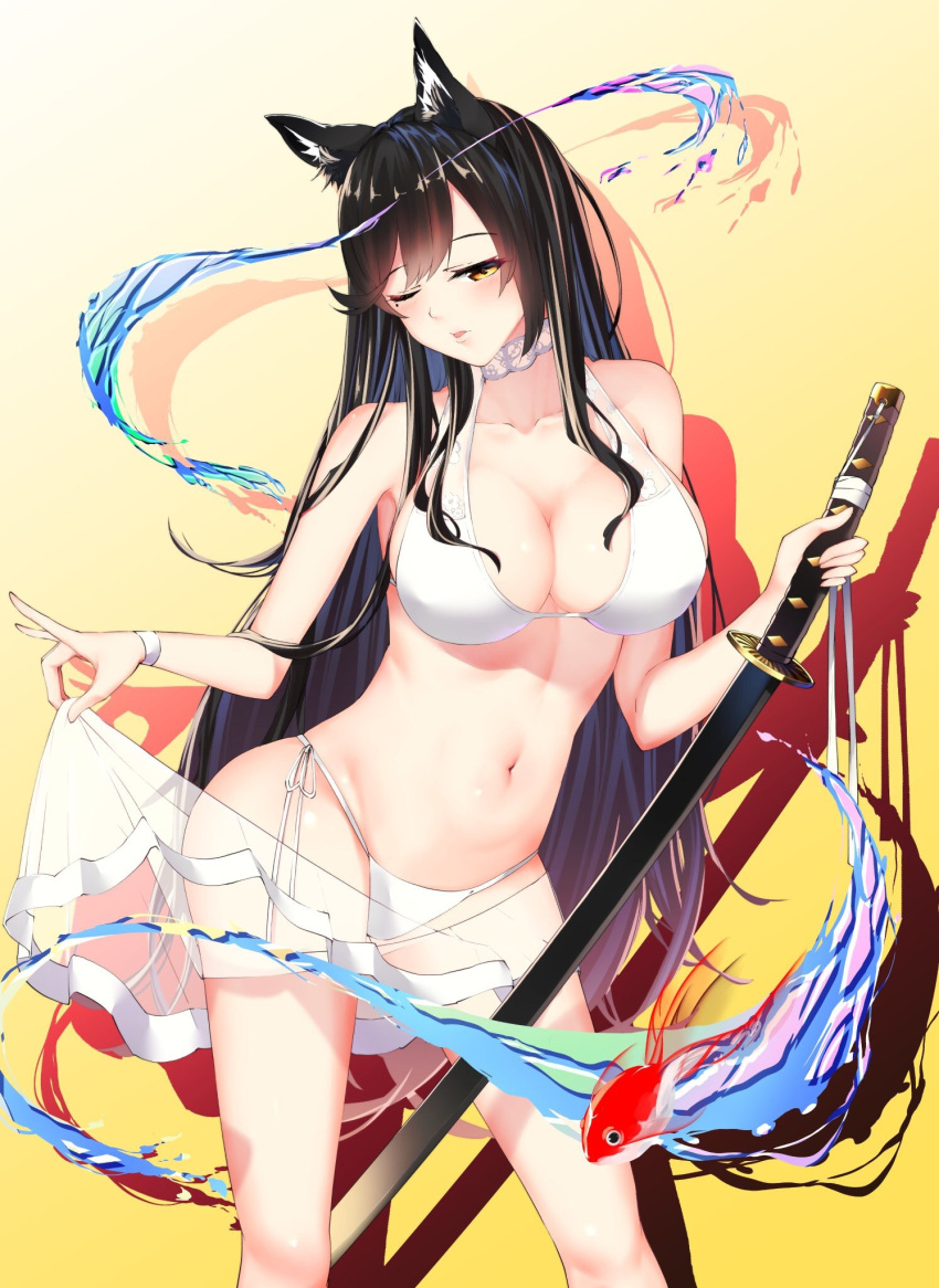 1girl, animal_ears, atago_(azur_lane), azur_lane, bangs, bikini, black_hair, breasts, brown_eyes, choker, cleavage, fish, goldfish, gradient, gradient_background, highres, large_breasts, looking_at_viewer, mole, mole_under_eye, one_eye_closed, sarong, solo, standing, swept_bangs, swimsuit, sword, water, weapon, white_bikini, wolf_ears, yellow_background, yople_star_man