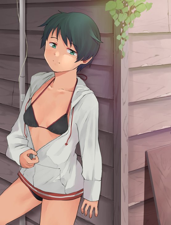 1girl, against_wall, bikini, black_bikini, black_hair, cowboy_shot, flat_chest, green_eyes