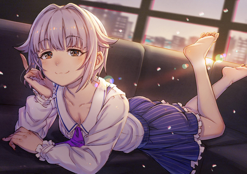1girl, :3, ass, barefoot, breasts, brown_eyes, cleavage, idolmaster