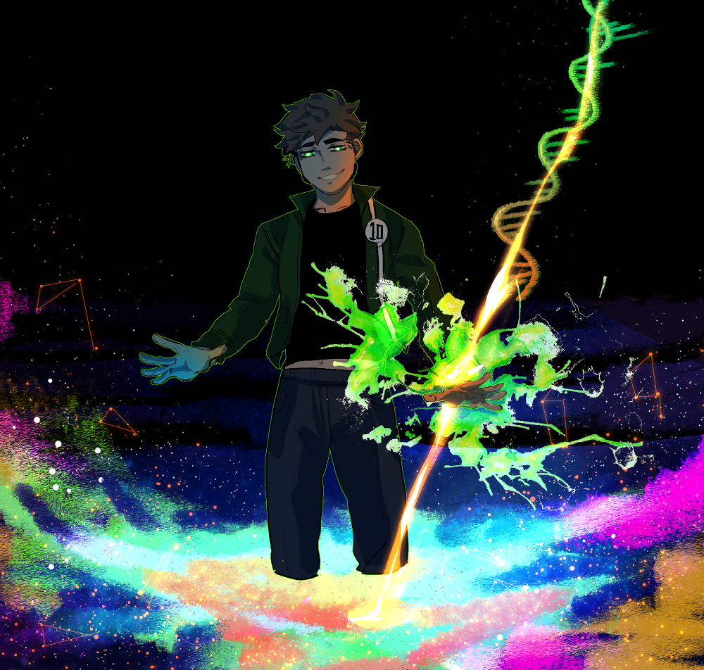 1boy, ben_10, ben_10:_alien_force, ben_10:_ultimate_alien, benjamin_kirby_tennyson, brown_hair, galaxy, glowing