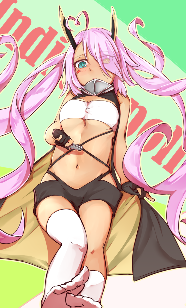 1girl, azur_lane, black_gloves, blue_eyes, breasts, cleavage, e__mishi, fingerless_gloves, gloves, heterochromia, horns, indianapolis_(azur_lane), long_hair, looking_at_viewer, midriff, navel, pink_hair, solo, very_long_hair, yellow_eyes