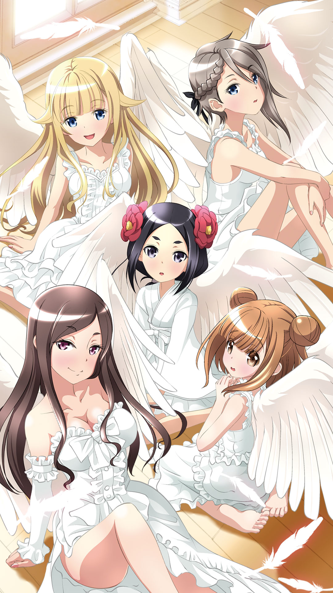 5girls, :d, ange_(princess_principal), angel_wings, asymmetrical_hair, barefoot, beatrice_(princess_principal), black_eyes, black_hair, blue_eyes, braid, breasts, brown_eyes, cleavage, dorothy_(princess_principal), double_bun, dress, eyebrows, feathers, highres, indoors, long_hair, multiple_girls, open_mouth, princess_(princess_principal), princess_principal, sitting, smile, taniguchi_gou, toudou_chise, violet_eyes, wariza, white_dress, white_wings, wings, wooden_floor