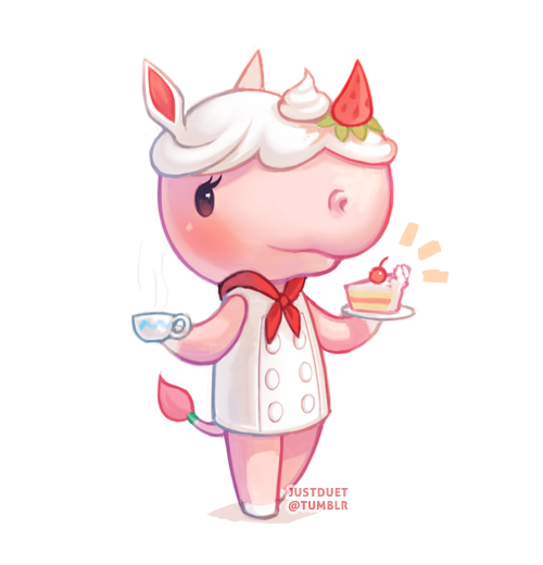 1girl, artist_name, blush, cake, cup, doubutsu_no_mori, food, fruit