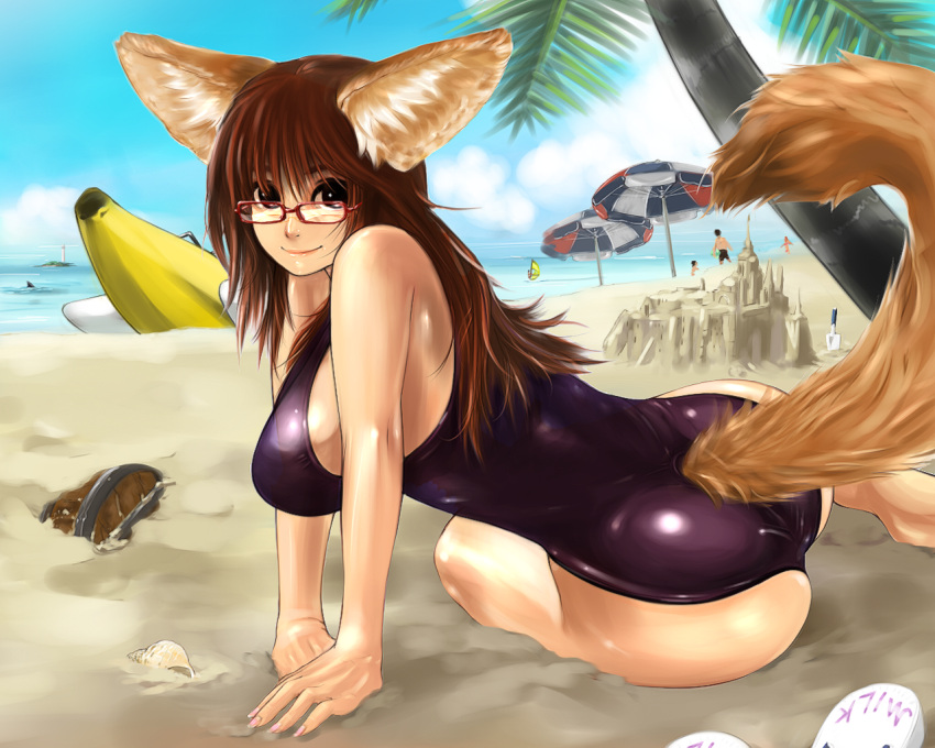ass, barefoot, beach, breasts, ears, fukiishi_ayako, glasses, large_breasts