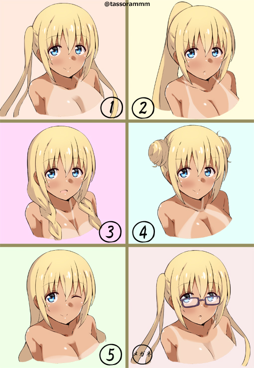 1girl, :c, ;), alternate_hairstyle, bangs, bespectacled, blend_s, blonde_hair